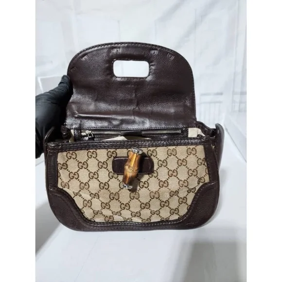 SOLD*Authentic GUCCI GG Canvas And Leather New Bamboo Top Handle Bag Beige/Brown - Picture 11 of 16